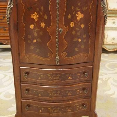 Sale Photo Thumbnail #272: 1270	INLAID MARBLE TOP 3 DRAWER, 2 DOOR NARROW CHEST WITH APPLIED METAL MOUNTS, APPROXIMATELY 28 IN X 13 IN X 48 IN H
