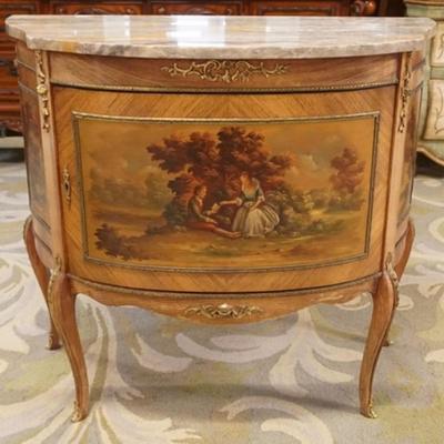 Sale Photo Thumbnail #268: 1266	CONTINENTIAL PAINT DECORATED 1 DOOR MARBLE TOP COMMODE WITH APPLIED MOUNTS AND IMAGE OF COURTING SCENE, APPROXIMATELY 36 IN X 17 IN X 32 IN H
