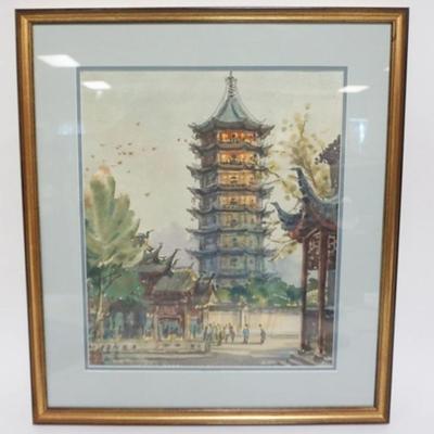 Sale Photo Thumbnail #169: 1168	FRAMED ASIAN WATERCOLOR, IMAGE OF A PAGODA, CHARACTER SIGNED LOWER LEFT, APPROXIMATELY 20 IN X 22 IN OVERALL

