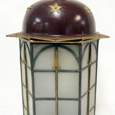 Sale Photo Thumbnail #245: 1243	HANGING LIGHT FIXTURE WITH LEADED GLASS, PANELED SIDES, BOTTOM STAR AND ARROW MOTIF, APPROXIMATELY 16 IN X 28 IN H
