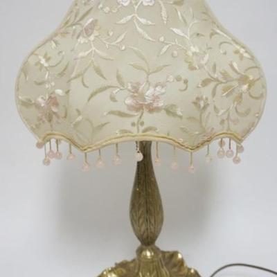 Sale Photo Thumbnail #77: 1076	BRASS BOUDIOR LAMP WITH LEAF SHAPED BASE AND EMBROIDERED PINK FLORAL SHADE, APPROXIMATELY 22 IN H OVERALL
