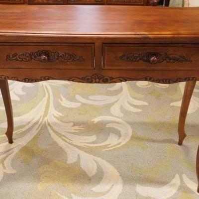 Sale Photo Thumbnail #287: 1285	2 DRAWER STAND WITH CARVED DRAWER FRONTS IN CHERRY FINISH, APPROXIMATELY 39 IN X 16 IN X 29 IN H
