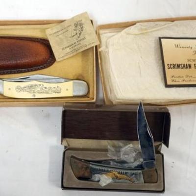 Sale Photo Thumbnail #129: 1128	SCHRADE SCRIMSHAW KNIFE AND FOLDING KNIFE WITH EAGLE ON HANDLE, LARGEST APPROXIMATELY 5 1/4 IN CLOSED

