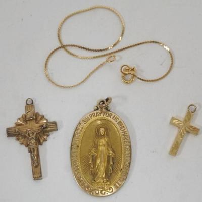 Sale Photo Thumbnail #243: 1241	RELIGIOUS JEWLERY INCLUDING GOLD FILLED CROSS, 1/20 12K PENDANT AND 14K CHAIN WITH CROSS 1.11 DWT
