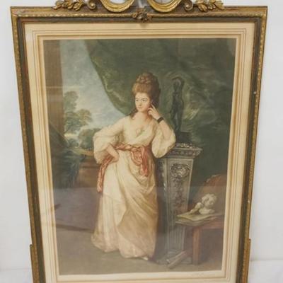 Sale Photo Thumbnail #159: 1158	ARTIST SIGNED FRENCH ENGRAVING, IMAGE OF WOMAN LEANING ON PEDESTAL, APPROXIMATELY 17 IN X 23 IN OVERALL, LOSS TO FRAME
