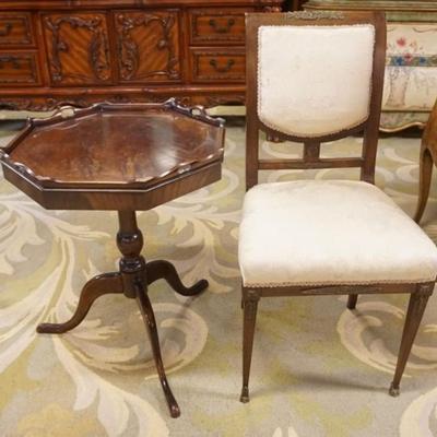 Sale Photo Thumbnail #290: 1288	MAHOGANY BEACON HILL LAMP TABLE AND UPHOLSTERED SIDE CHAIR WITH BRONZE MOUNTS, TABLE APPROXIMATELY 21 IN X 21 IN X 27 IN H
