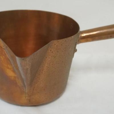 Sale Photo Thumbnail #85: 1084	LARGE COPPER POT WITH SPOUT, STAMPED PAUL BEYER PHILADELPHIA, APPROXIMATELY 14 IN X 10 IN X 7 IN H

