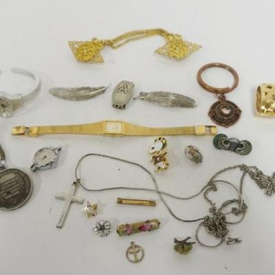 Sale Photo Thumbnail #222: 1220	LADIES ASSORTED JEWELRY INCLUDING  BULOVA LADIES WATCH, PR LEAF BARETTES MADE IN FRANCE, CROSSES, MEDALS AND MORE
