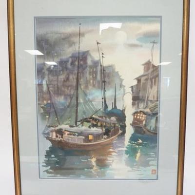 Sale Photo Thumbnail #168: 1167	FRAMED AND MATTED ASIAN WATERCOLOR OF A HARBOR SCENE, APPROXIMATELY 24 IN X 29 IN OVERALL
