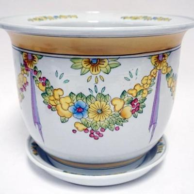 Sale Photo Thumbnail #111: 1110	PORCELAIN FLORAL DECORATED PLANTER WITH UNDERPLATE, APPROXIMATELY 12 IN X 10 IN H
