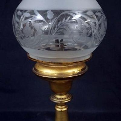 Sale Photo Thumbnail #80: 1079	ANTIQUE ASTRAL LAMP WITH ORNATE FROSTED AND WHEEL CUT SHADE WITH FLAIRED SCALLOPED EDGE TOP, APPROXIMATELY 19 IN H OVERALL, BASE APPROXIMATELY 6 IN
