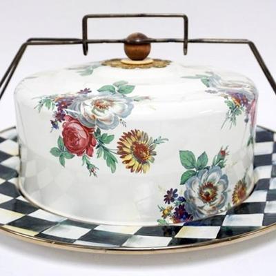 Sale Photo Thumbnail #113: 1112	MACKENZIE CHILDS *WHITE FLOWER MARKET* CAKE CARRIER, APPROXIMATELY 16 IN X 7 IN H

