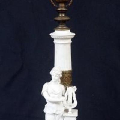 Sale Photo Thumbnail #72: 1071	PARIAN TABLE LAMP WITH IMAGE OF WOMAN WITH HARP IN FRONT OF CORINTHIAN COLUMN, APPROXIMATELY 28 IN OVERALL
