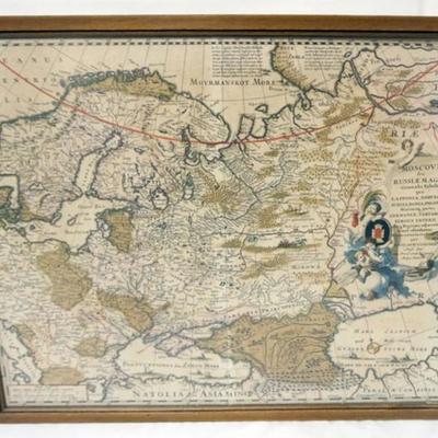 Sale Photo Thumbnail #143: 1142	ANTIQUE FRAMED MAP OF MOSCOW, GREATER RUSSIA, NICOLAES VISSCHER, APPROXIMATELY 18 IN X 22 IN OVERALL
