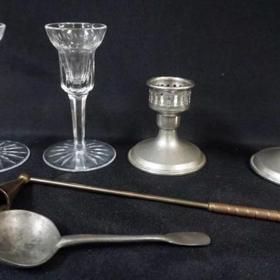 Sale Photo Thumbnail #117: 1116	WATERFORD CRYSTAL CANDLESTICKS, EMPIRE PEWTER CANDLESTICKS, SNUFFER AND SPOON, TALLEST APPROXIMATELY 6 IN H
