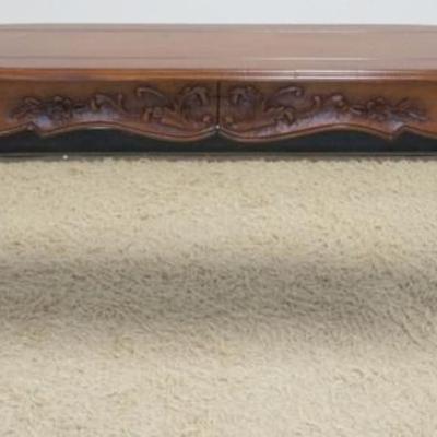 Sale Photo Thumbnail #269: 1267	CHERRY 2 DRAWER NARROW FRENCH PROVENCIAL SOFA TABLE, SKIRT CARVED ALL AROUND, APPROXIMATELY 72 IN X 14 IN X 30 IN

