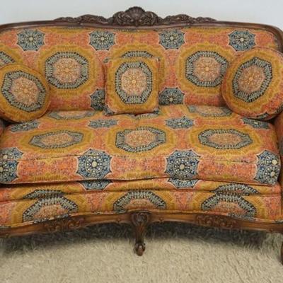 Sale Photo Thumbnail #270: 1268	WALNUT CARVED UPHOLSTERED LOVE SEAT, APPROXIMATELY 60 IN X 32 IN X 37 IN H
