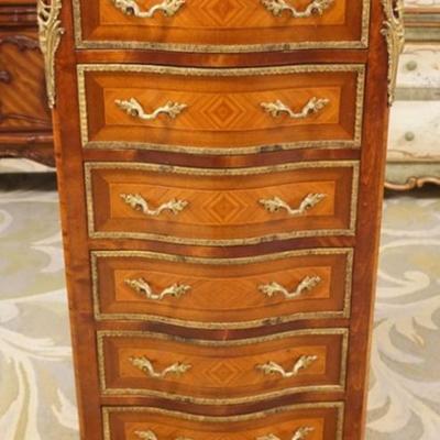 Sale Photo Thumbnail #277: 1275	FRENCH MARBLE TOP 6 DRAWER LINGERIE CHEST WITH APPLIED METAL TRIM AND MOUNTS, APPROXIMATELY 25 IN X 15 IN X 49 IN H
