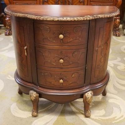 Sale Photo Thumbnail #281: 1279	FAUX PAINT DECORATED 3 DRAWER, 2 DOOR STAND, APPROXIMATELY 30 IN X 13 IN X 30 IN H, 1 DOOR HANDLE MISSING
