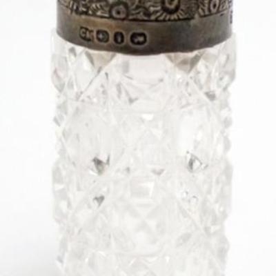 Sale Photo Thumbnail #186: 1185	CUT GLASS PERFUME WITH HINGED SILVER LID, APPROXIMATELY 4 IN H
