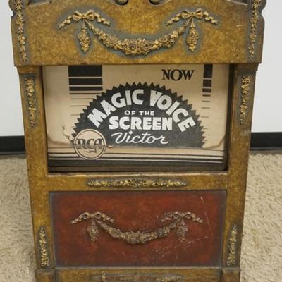 Sale Photo Thumbnail #250: 1248	ANTIQUE THEATER MARQUIS BOX, RCA VICTOR WITH INTERIOR LIGHT, METAL FRAME AND WOOD DOOR EXTERIOR. HAS PULLEY MECHANISM FOR POSSIBLY CHANGING SIGNS,  APPROXIMATELY 26 IN X 10 IN X 38 IN H
