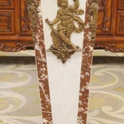 Sale Photo Thumbnail #266: 1264	TAPERED MARBLE PEDESTAL WITH BRONZE TRIM AND MOUNTS, APPROXIMATELY 12 IN X 11 IN X 44 IN H, LOSS TO TOP LEFT CORNER
