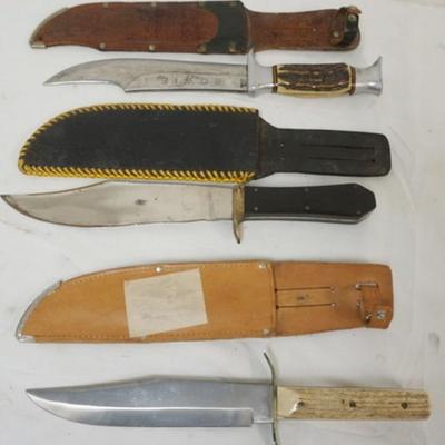 Sale Photo Thumbnail #127: 1126	GROUP OF 3 KNIVES WITH SHEATHS, *BOWIE*, *COMPASS GERMAN*, EACH APPROXIMATELY 13 IN
