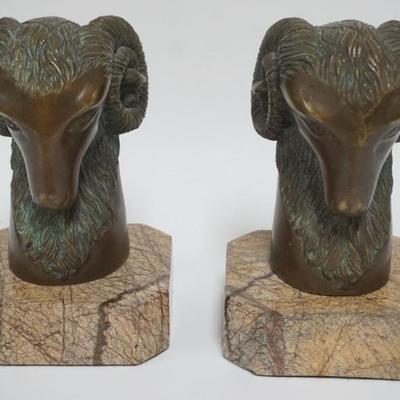 1001	PAIR OF THEODORE ALEXANDER BRONZE RAM HEAD BOOKENDS ON MARBLE BASES
