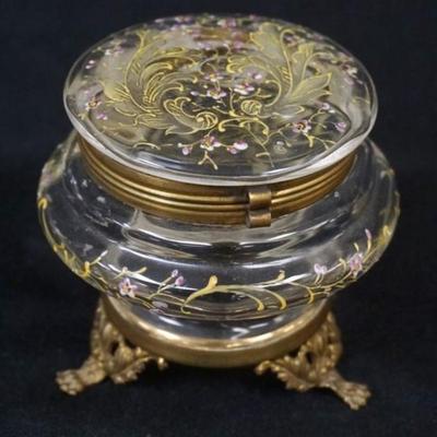Sale Photo Thumbnail #190: 1189	VICTORIAN ENAMEL DECORATED GLASS DRESSER BOX ON BRASS FOOTED BASE, APPROXIMATELY 4 IN X 3 1/2 N H
