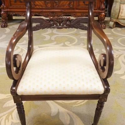 Sale Photo Thumbnail #274: 1272	CARVED MAHOGANY EMPIRE STYLE SCROLLED ARM CHAIR, CARVED SWANS ON BACK, APPROXIMATELY 23 IN X 21 IN X 36 IN H
