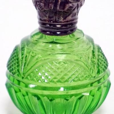 Sale Photo Thumbnail #184: 1183	GREEN CUT GLASS PERFUME WITH HINGED SILVER LID, APPROXIMATELY 3 IN H
