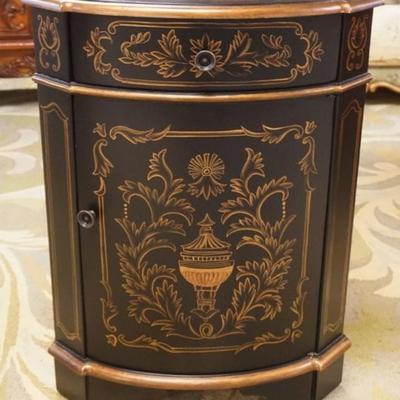 Sale Photo Thumbnail #283: 1281	FAUX PAINT DECORATED CORNER STAND WITH 1 DRAWER AND 1 DOOR, APPROXIMATELY 23 IN X 16 IN D X 30 IN H
