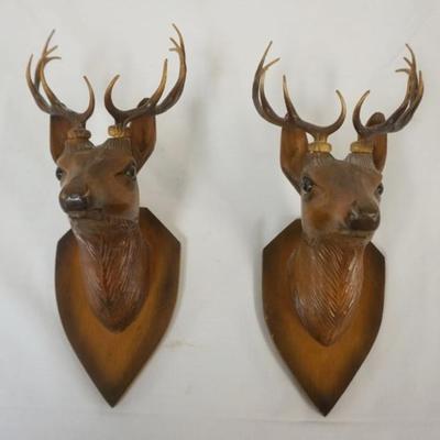 Sale Photo Thumbnail #139: 1138	PAIR OF GERMAN WOOD CARVED STAG HEADS, EACH APPROXIMATELY 4 IN X 7 IN X 12 IN H
