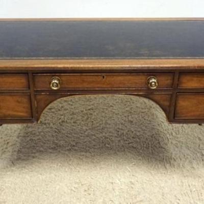 Sale Photo Thumbnail #260: 1258	KITTINGER MAHOGANY LEATHER TOP PARTNERS DESK HAVING 5 DRAWERS AND REEDED COLUMN LEGS, SOME WEAR TO LEATHER, APPROXIMATELY 60 IN X 29 IN X 31 IN H
