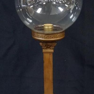 Sale Photo Thumbnail #79: 1078	ANTIQUE TRANSITIONAL GAS ELECTRIC TABLE LAMP WITH ETCHED GLASS SHADE, *THE HUMPHREY*, APPROXIMATELY 23 IN H OVERALL
