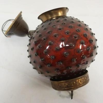Sale Photo Thumbnail #134: 1133	VICTORIAN HANGING LAMP FIXTURE, RUBY RED HOBNAIL GLASS SHADE, NO BURNER
