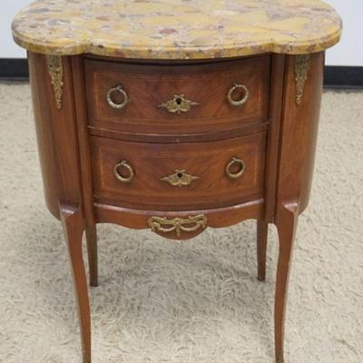 Sale Photo Thumbnail #263: 1261	FRENCH MARBLE TOP 2 DRAWER STAND WITH APPLIED METAL MOUNTS AND BANDED INLAY TRIM, APPROXIMATELY 24 IN X 16 IN X 31 IN H
