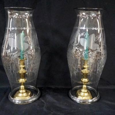 Sale Photo Thumbnail #81: 1080	OUTSTANDING PAIR OF ANTIQUE PUSH UP CANDLESTICKS WITH WHEEL CUT HURRICANE SHADES DEPICTING GRAPE CLUSTERS ON VINES, EACH APPROXIMATELY 22 IN H
