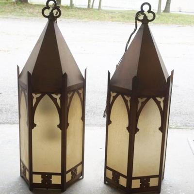 Sale Photo Thumbnail #249: 1247	PAIR OF GOTHIC METAL AND FROSTED GLASS HANGING FIXTURES, EACH APPROXIMATELY 12 IN X 38 IN H, 1 WITH CRACKED PANEL
