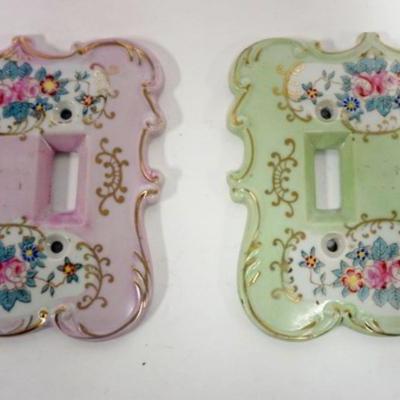 Sale Photo Thumbnail #119: 1118	2 AMART PORCELAIN FLORAL DECORATED DUPLEX LIGHT SWITCH COVERS, EACH APPROXIMATELY 5 3/4 IN X 5 1/2 IN
