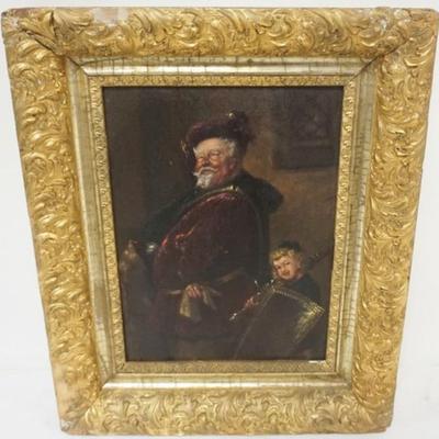 Sale Photo Thumbnail #157: 1156	FRAMED PAINTING ON BOARD, PORTRAIT OF MAN AND YOUNG BOY CARRYING SHEILD AND SWORD, APPROXIMATELTY 12 IN X 16 IN OVERALL, LOSS TO FRAME
