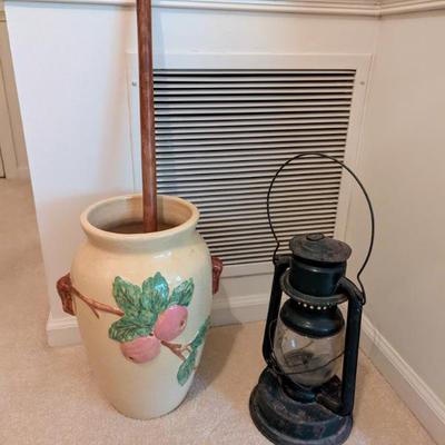 Roseville umbrella stand, antique railroad lantern