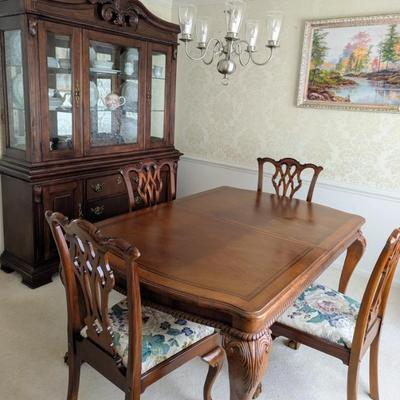 Sale Photo Thumbnail #33: Available for PRESALE-China cabinet with table and 6 chairs for $499.
Bassett China cabinet with light bridge. 66" w, 19" d, 7'2" tall