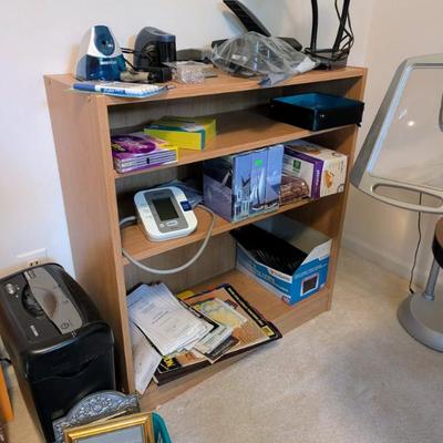 assorted office supplies, shredder