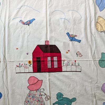 Sale Photo Thumbnail #91: Embroidered and applique twin bed cover / quilt made in 1931, Sunbonnet Sue