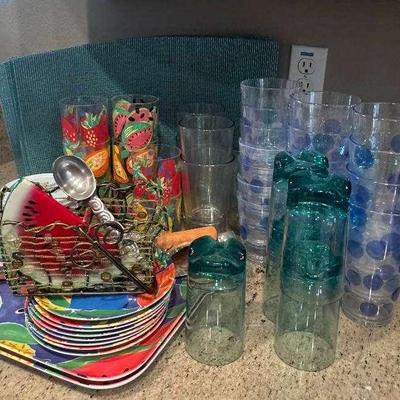 Plastic patio-pool themed entertaining items