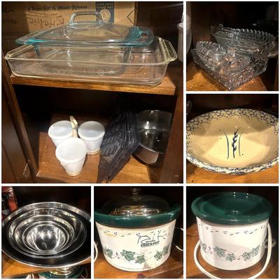 Kitchen Item Lot: Pyrex, Fire King & Rival Crockpots & More