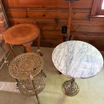 Four Plant Stands-Brass, Marble, Wood