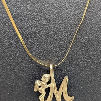 14K Gold Herringbone Necklace w/ 10K Angel Pendant 