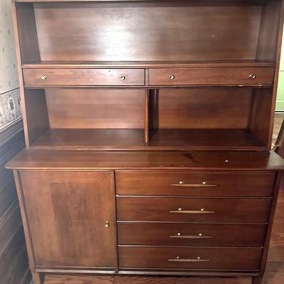 Wood Mid-Century Modern Two-Piece Hutch Cabinet